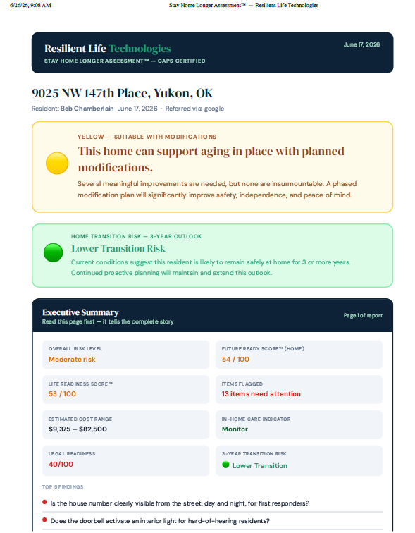 Sample page from a personalized aging in place assessment report showing prioritized risks