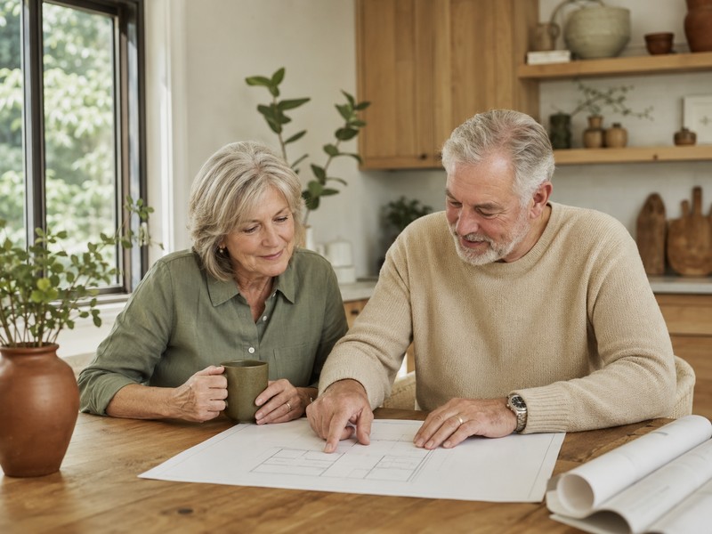 An older couple sits at their kitchen table reviewing plans for their home.