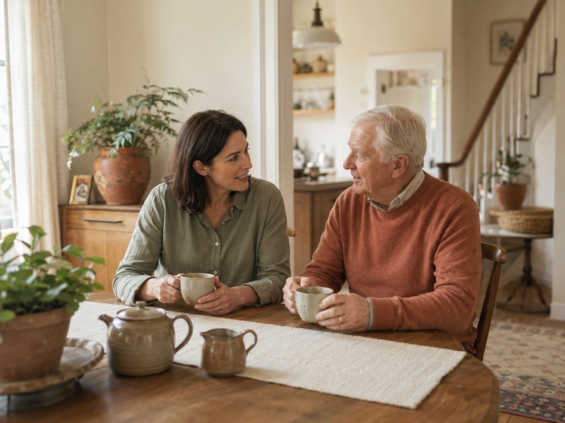 An adult daughter and her older father share tea and a relaxed conversation at home.