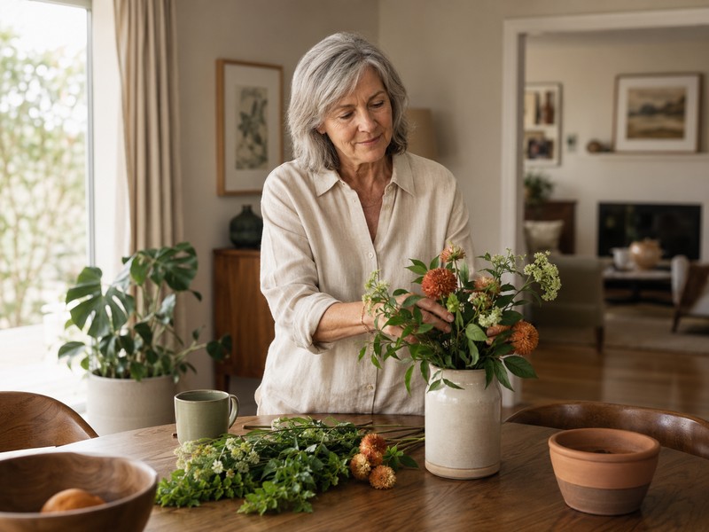 An older woman arranges flowers at the dining table in her bright home.