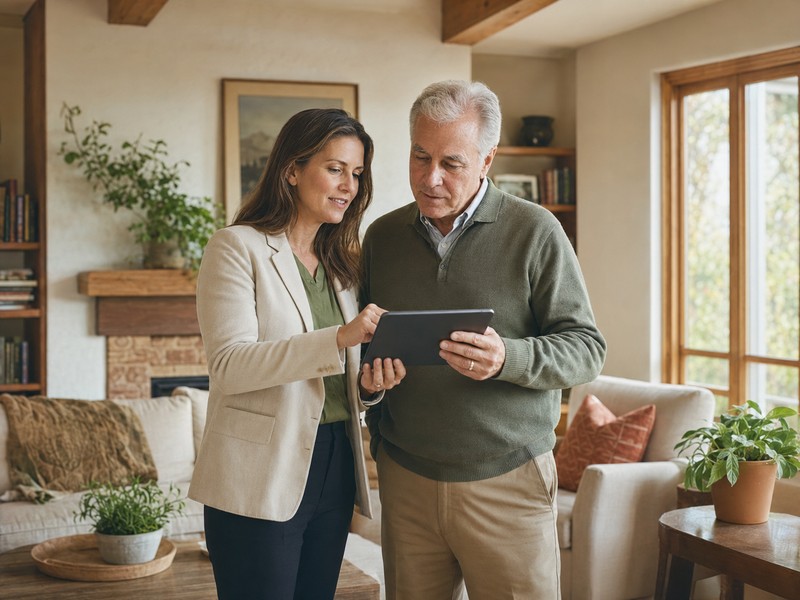 An adviser and an older homeowner review information on a tablet in a living room.