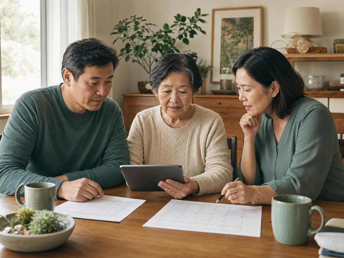An older mother, son, and daughter make a family care plan together.