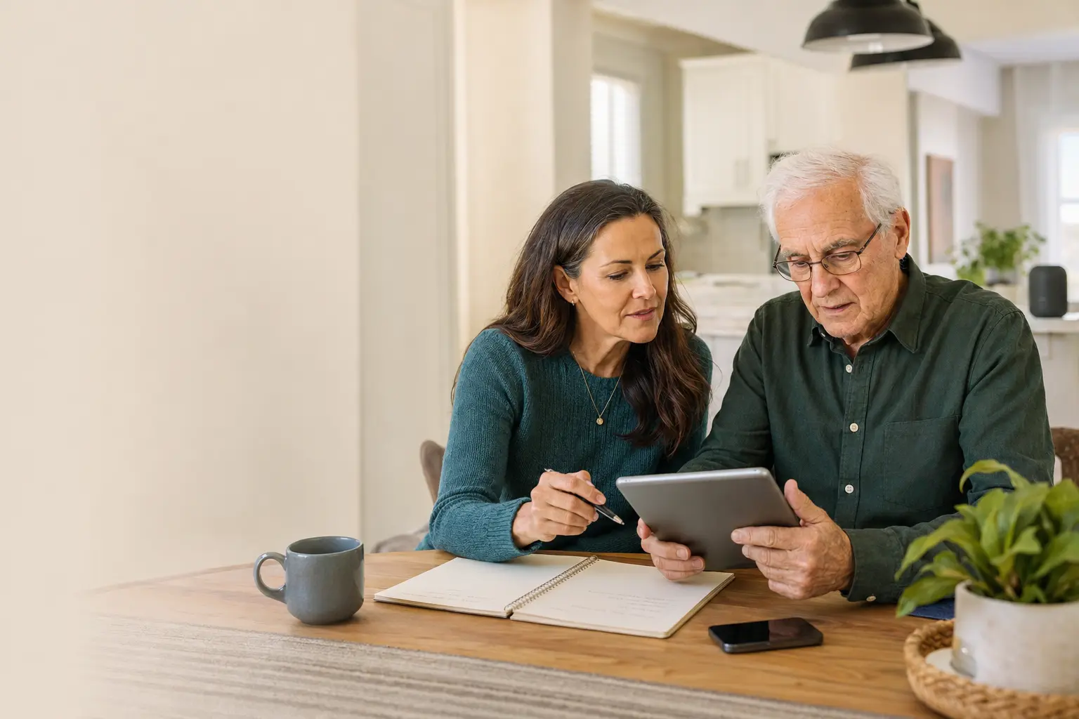 An older father and his adult daughter review a care plan together on a tablet.