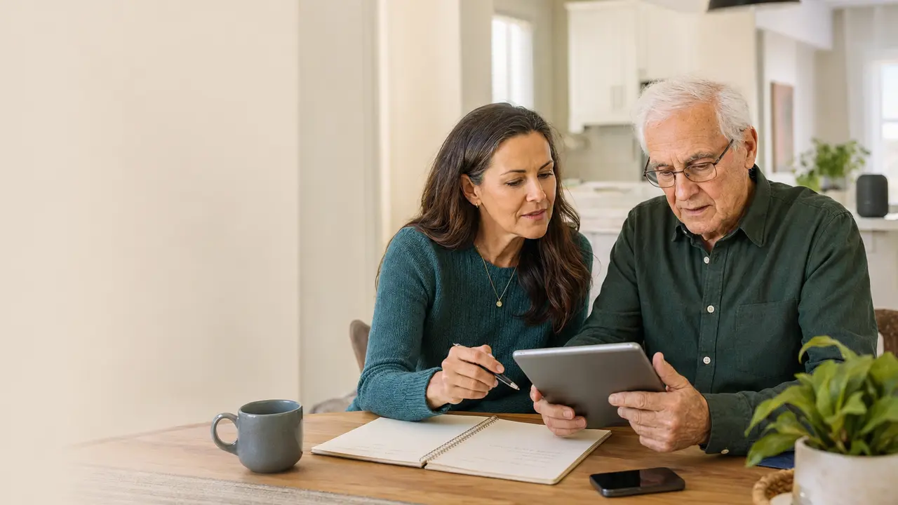 A father and daughter review family care technology together.