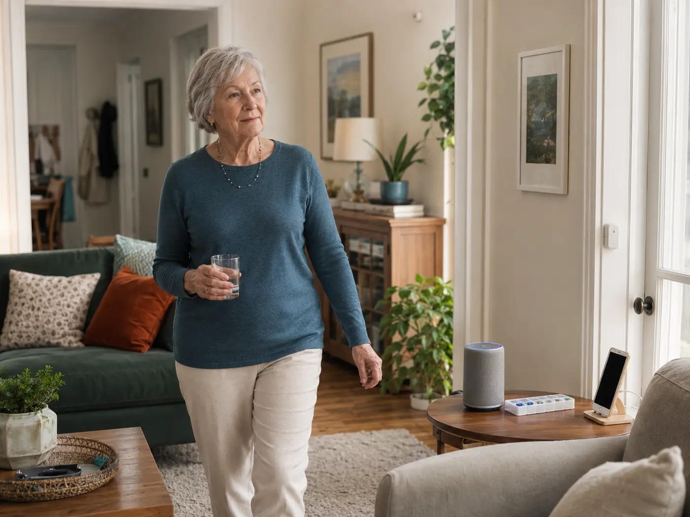 An older woman moves independently through her home with everyday assistive technology nearby.