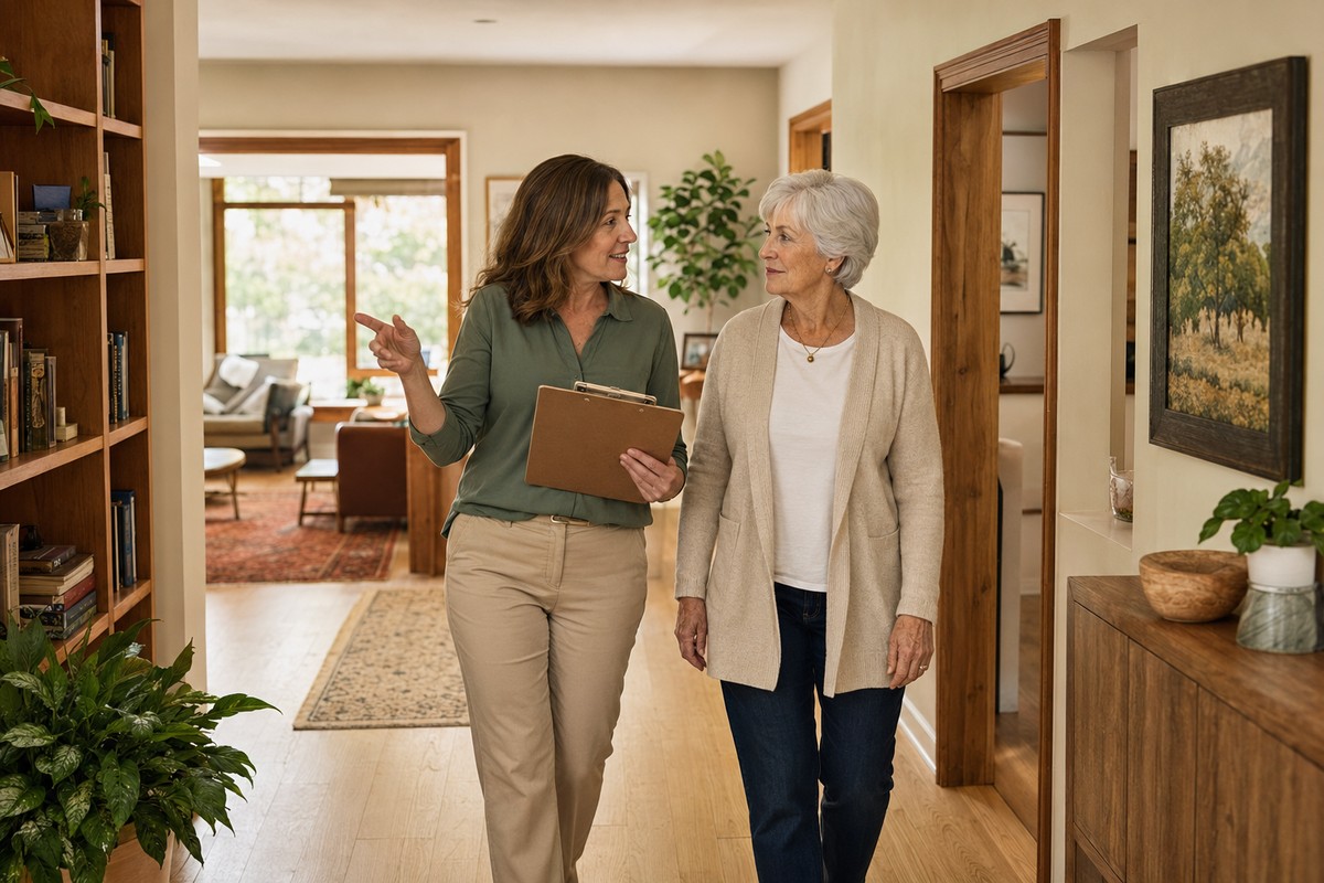 An adviser and an older homeowner walk through her home together, reviewing the assessment.