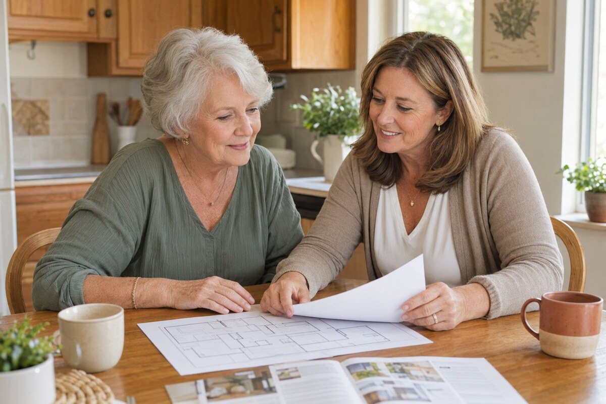 An older woman and an adviser sitting side by side at a kitchen table, reviewing a home floor plan together